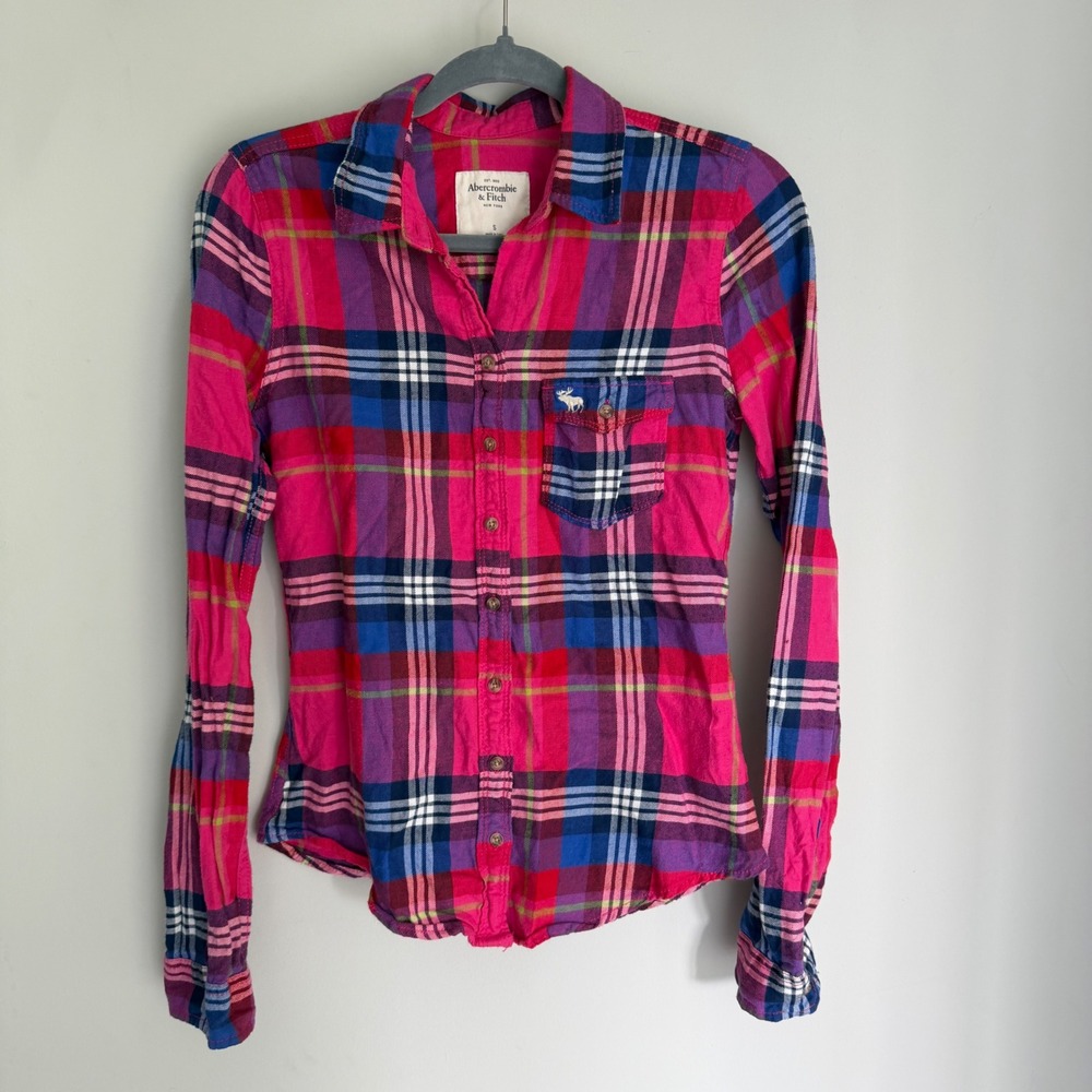Vintage Abercrombie & Fitch Plaid Flannel Shirt Y2K Pink Blue Moose Logo Small